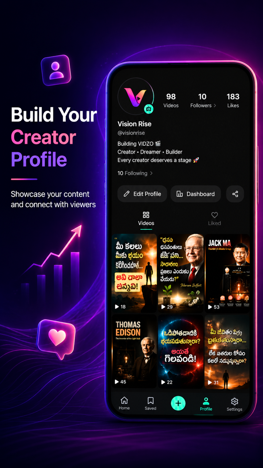 VIDZO creator profile with videos, followers and likes